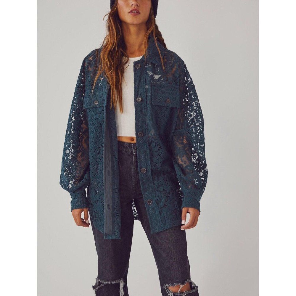 NWT FREE PEOPLE Sz M RUBY LACE JACKET SHIRT SHACKET IN CHARCOAL - Picture 2 of 4